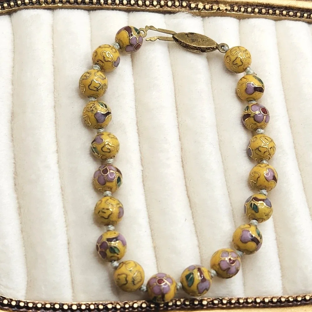 Vintage Chinese Cloisonne Bead Bracelet Yellow‎ Enamel Purple Floral 7 Inch Boho